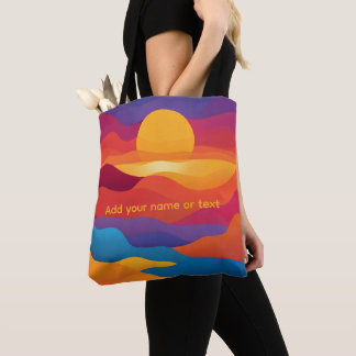 Bolsa Tote Retro Abstract Onda Pôr do Sol Nome Personalizado