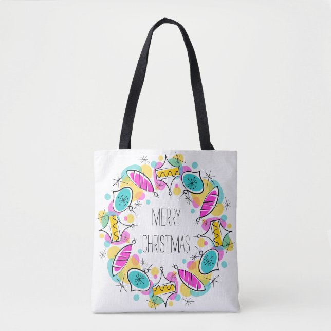 Bolsa Tote Retro Árvores Baleares Circular Turquesa de Natal  (Frente)
