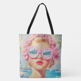 Bolsa Tote Retro Beach Girl com óculos de sol florais