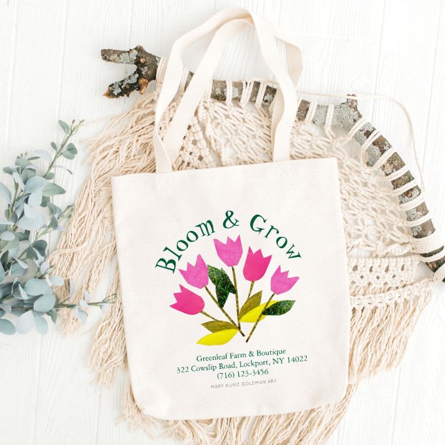 Bolsa Tote Retro Bloom & Cultivar Fazenda Floral Jardim Bouti (These retro pink tulips are my own original art. Your business info appears in classic typography.)