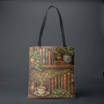 Bolsa Tote Retro book lover art<br><div class="desc">A cozy retro-inspired design featuring a charming bookshelf filled with vintage books,  delicate botanical accents,   and a comforting cup of tea or coffee.</div>