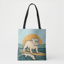 Bolsa Tote Retro Bulldog Surfer -Blue Coastal Surfing Dog Art