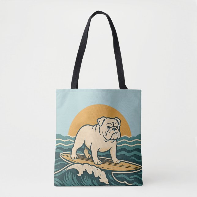 Bolsa Tote Retro Bulldog Surfer | Blue Surf Dog Graphic Beach (Frente)