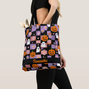 Bolsa Tote Retro Checkerboard Halloween Ghosts and Pumpkins