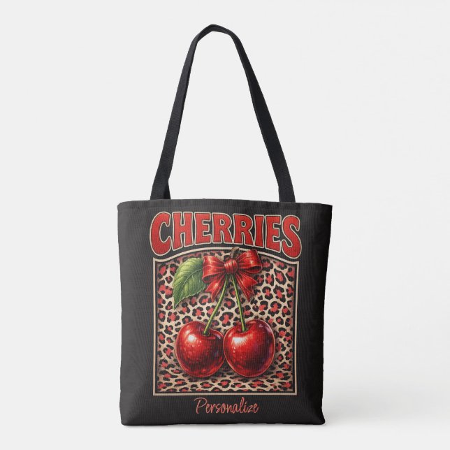 Bolsa Tote Retro Cherry Coquette Design de Laço Moderno no Le (Verso)