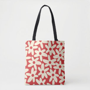 Bolsa Tote Retro Daisies Padrão Floral Vermelho e Creme
