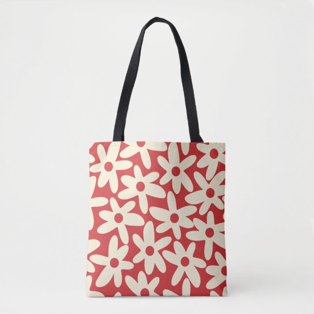 Bolsa Tote Retro Daisies Padrão Floral Vermelho e Creme (Frente)