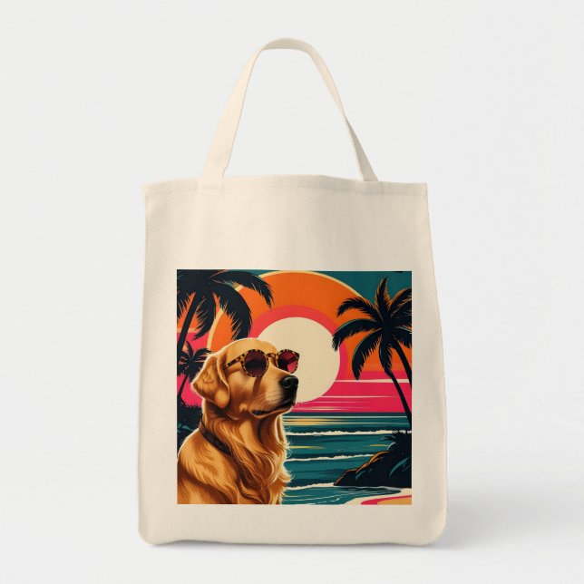 Bolsa Tote Retro Dog Sunglasses Vintage Sunset Beach  (Frente)