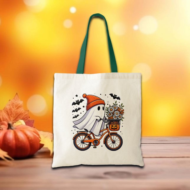 Bolsa Tote Retro Fantasma no Halloween de Bicicleta (Criador carregado)