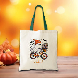 Bolsa Tote Retro Fantasma no Halloween de Bicicleta