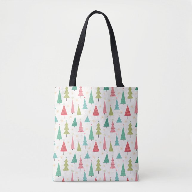 Bolsa Tote Retrô Feliz Natal Árvores Divertidas Padrão de Fér (Frente)