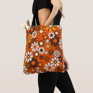 Bolsa Tote Retro Floral Boho dos Anos 70 Marrom Laranja