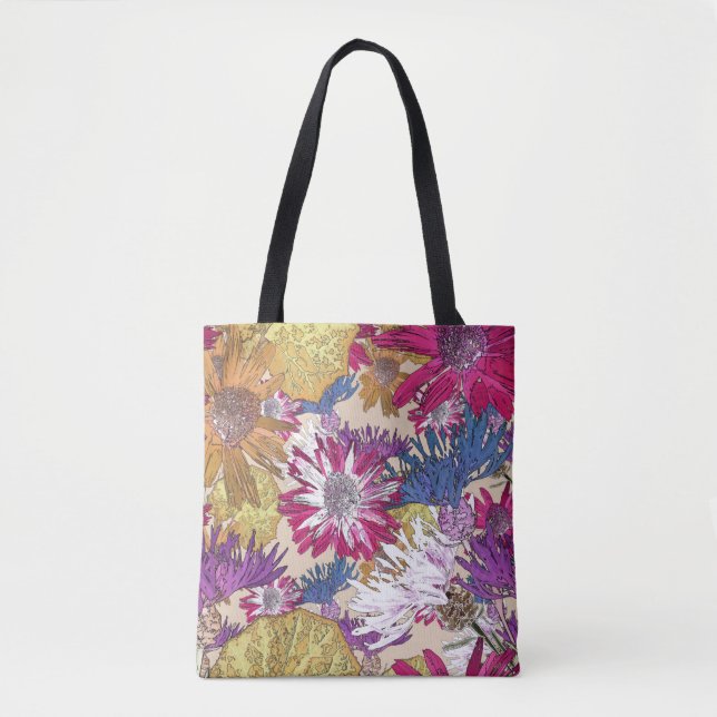 Bolsa Tote Retrô, floral, flores vermelhas, buquê, flores azu (Frente)