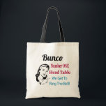 Bolsa Tote Retro Funny Bunco<br><div class="desc">Retro Funny Bunco design para jogadores Bunco. Mesa de cabeça da mesa número um,  vamos tocar o sino com uma mulher retrô. Diversão para seus suprimentos de Bunco ou como presente ou prêmio.</div>