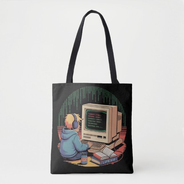 Bolsa Tote Retro Gamer Kid na Arte de Pixel do Computador Vin (Frente)