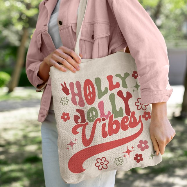 Bolsa Tote Retro Groovy Holly Jolly Vibes Foto de Feriado (Retro Groovy Holly Jolly Vibes Holiday Photo Tote Bag)