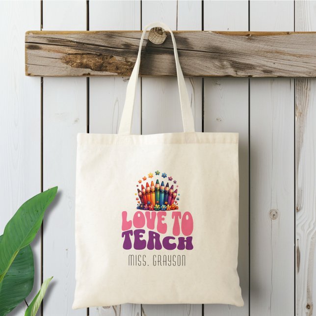 Bolsa Tote Retro 'Love to Teach' Crayon Design Nome do profes (Criador carregado)