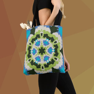 Bolsa Tote Retro Mandala Azul Verde Branco e Preto