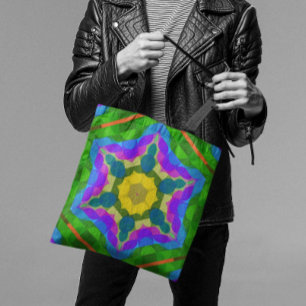 Bolsa Tote Retro Mandala Flor Amarelo Azul e Púrpura