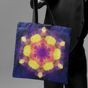Bolsa Tote Retro Mandala Flor Amarelo Cor-de-rosa e púrpura