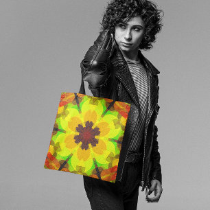 Bolsa Tote Retro Mandala Flor Amarelo Laranja e Verde