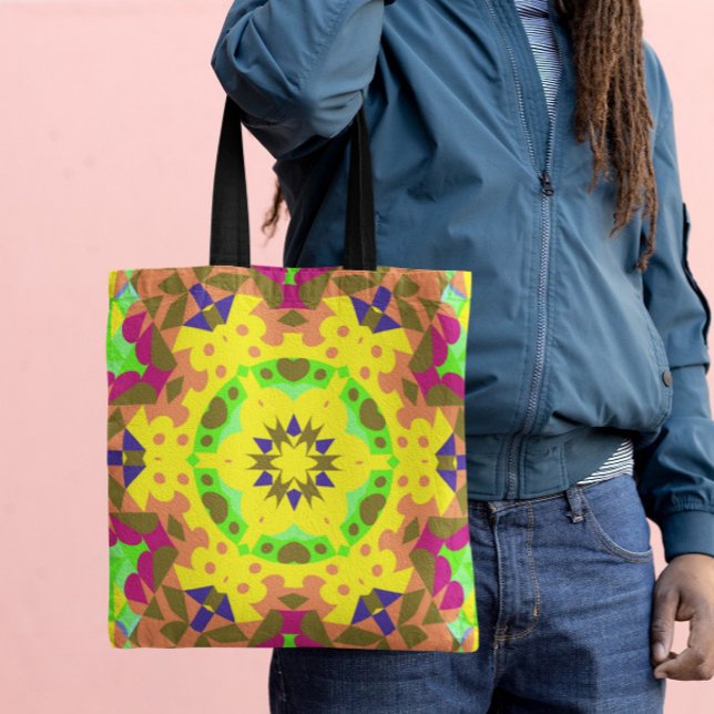 Bolsa Tote Retro Mandala Flor Amarelo Laranja Verde e Rosa (Criador carregado)
