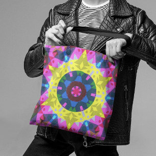 Bolsa Tote Retro Mandala Flor Azul Amarelo e Rosa