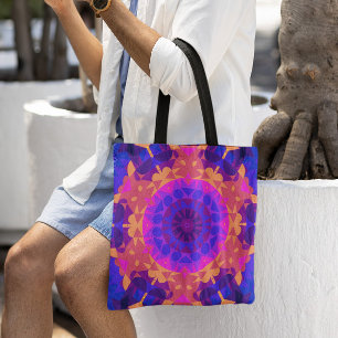Bolsa Tote Retro Mandala Flor Azul Cor-de-rosa e Laranja