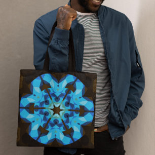 Bolsa Tote Retro Mandala Flor Azul e Laranja