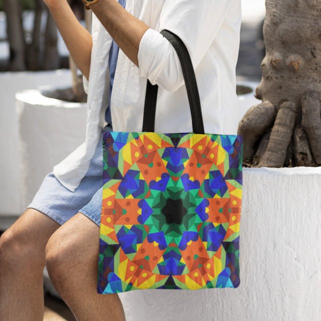 Bolsa Tote Retro Mandala Flor Azul Laranja e Verde (Criador carregado)