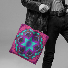 Bolsa Tote Retro Mandala Flor Azul Púrpura e Rosa