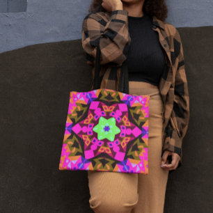 Bolsa Tote Retro Mandala Flor Cor-de-Rosa Laranja e Verde