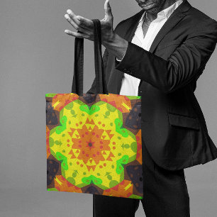 Bolsa Tote Retro Mandala Flor Laranja Amarelo e Verde