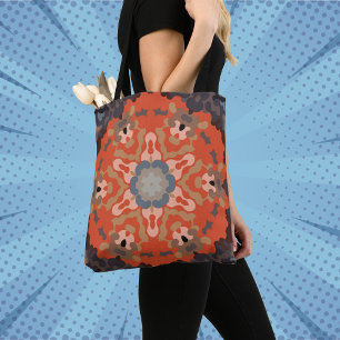 Bolsa Tote Retro Mandala Flor Laranja Azul e Tan