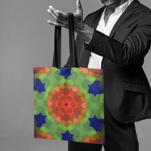 Bolsa Tote Retro Mandala Flor Laranja Verde e Azul