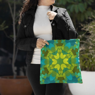 Bolsa Tote Retro Mandala Flor Verde Amarelo e Azul
