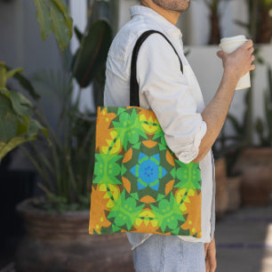 Bolsa Tote Retro Mandala Flor Verde Amarelo e Azul