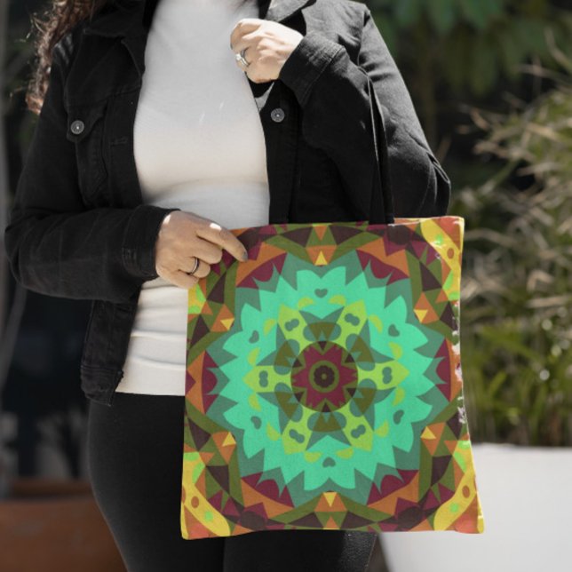 Bolsa Tote Retro Mandala Flor Verde Roxo e Laranja (Criador carregado)