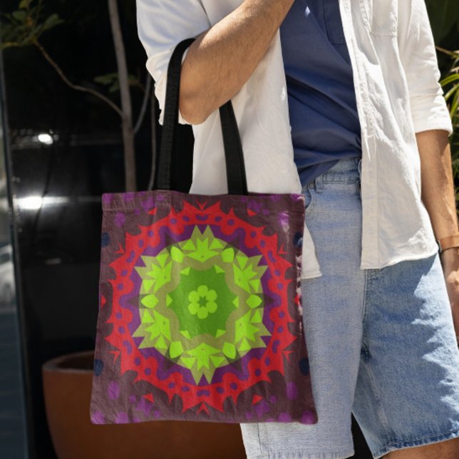 Bolsa Tote Retro Mandala Flor Verde Vermelho e Roxo (Criador carregado)