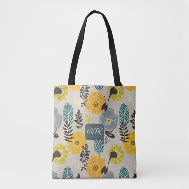 Bolsa Tote Retro Moderno Floral na Cinza (Frente)