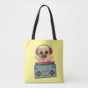 BOLSA TOTE RETRO MUSICAL PUG AND CASSETTE PLAYER