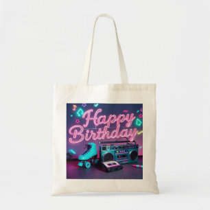 Bolsa Tote Retro neon Happy Birthday assina rosa e cor-de-ros