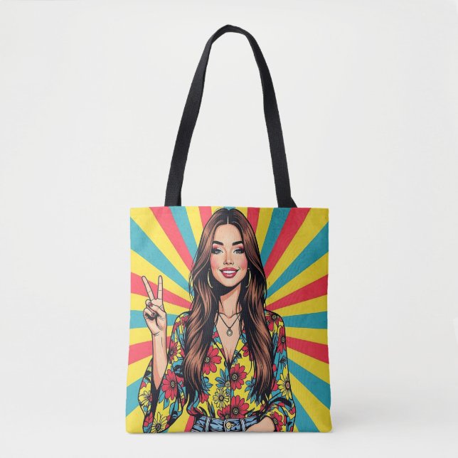 Bolsa Tote Retro Pop Art Lady giving Peace Sign (Frente)
