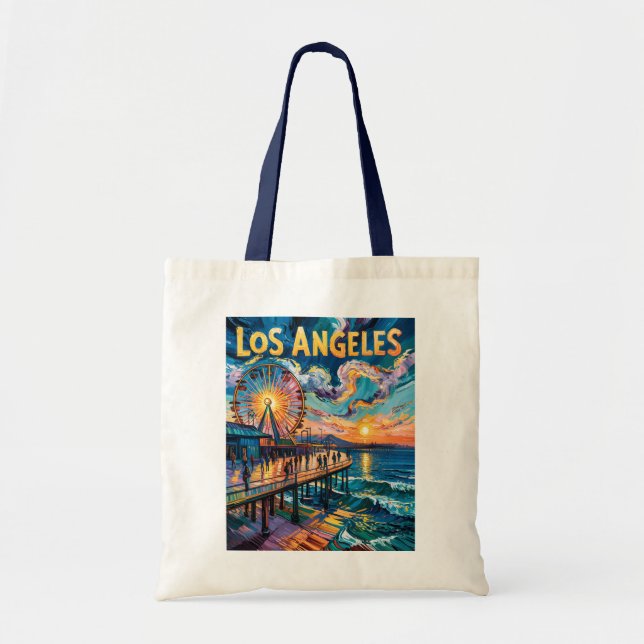 Bolsa Tote Retro Santa Monica Pier Los Angeles Van Gogh Art (Frente)