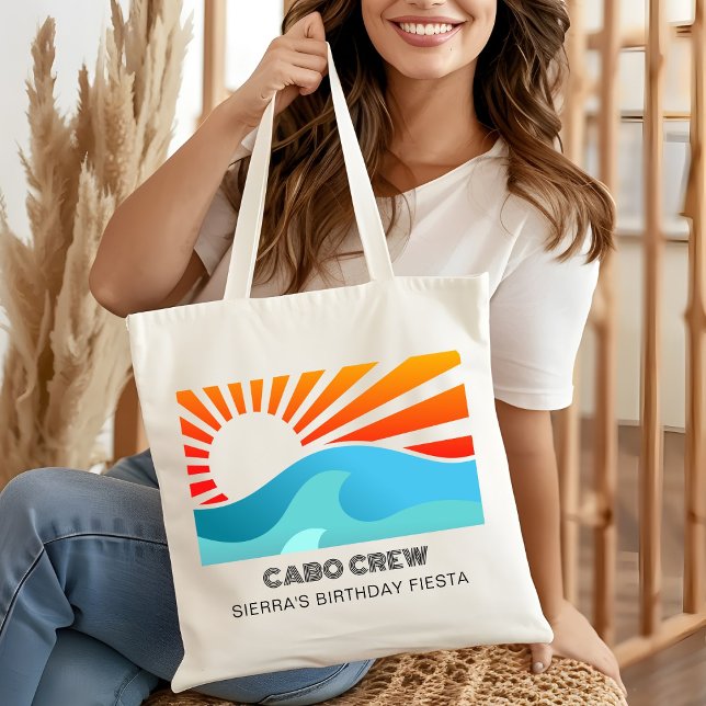 Bolsa Tote Retro Sunset Beach Custom Text Birthday Party Crew (Criador carregado)