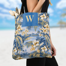 Bolsa Tote Retro Yellow Blue Floral n Tropical Palms Initial 