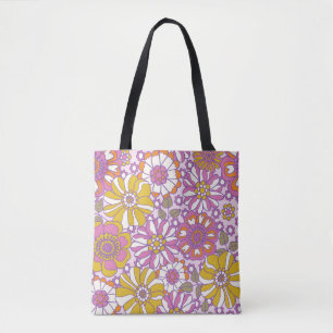 Bolsa Tote Retroativo floral dos anos 60. Padrão de ilustra