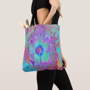 Bolsa Tote Retrópico Psicodélico Arco-Íris Azul Hibiscus