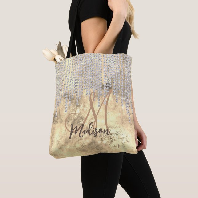 Bolsa Tote Rhinestone prateado de ouro cônico monograma (Close Up)