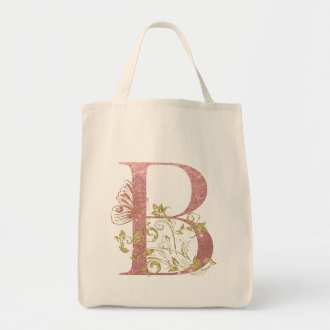 Bolsa Tote Rico - Letra brilhante B rosa (Frente)